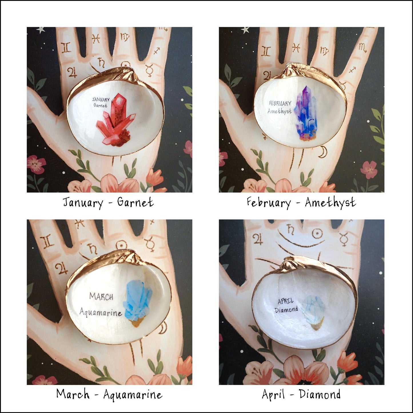 Decoupage Birthstone Clam Shell Ring Dish – Hand-Painted Jewelry Holder, Coastal Decor