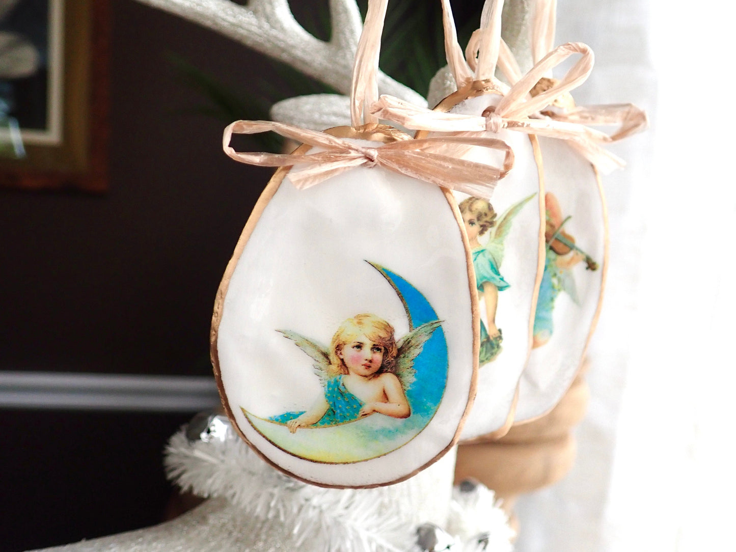 Holiday Angels Decoupage Oyster Shell Ornaments