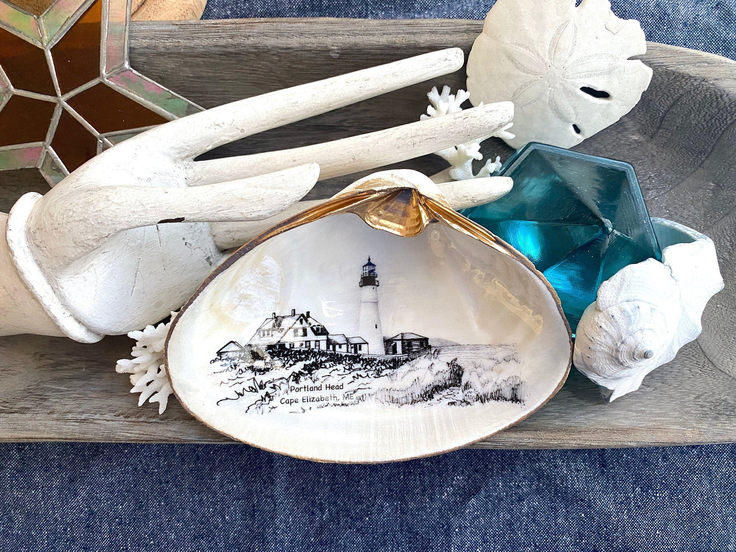 Decoupage Clam Shell Trinket Dish Portland Head Lighthouse