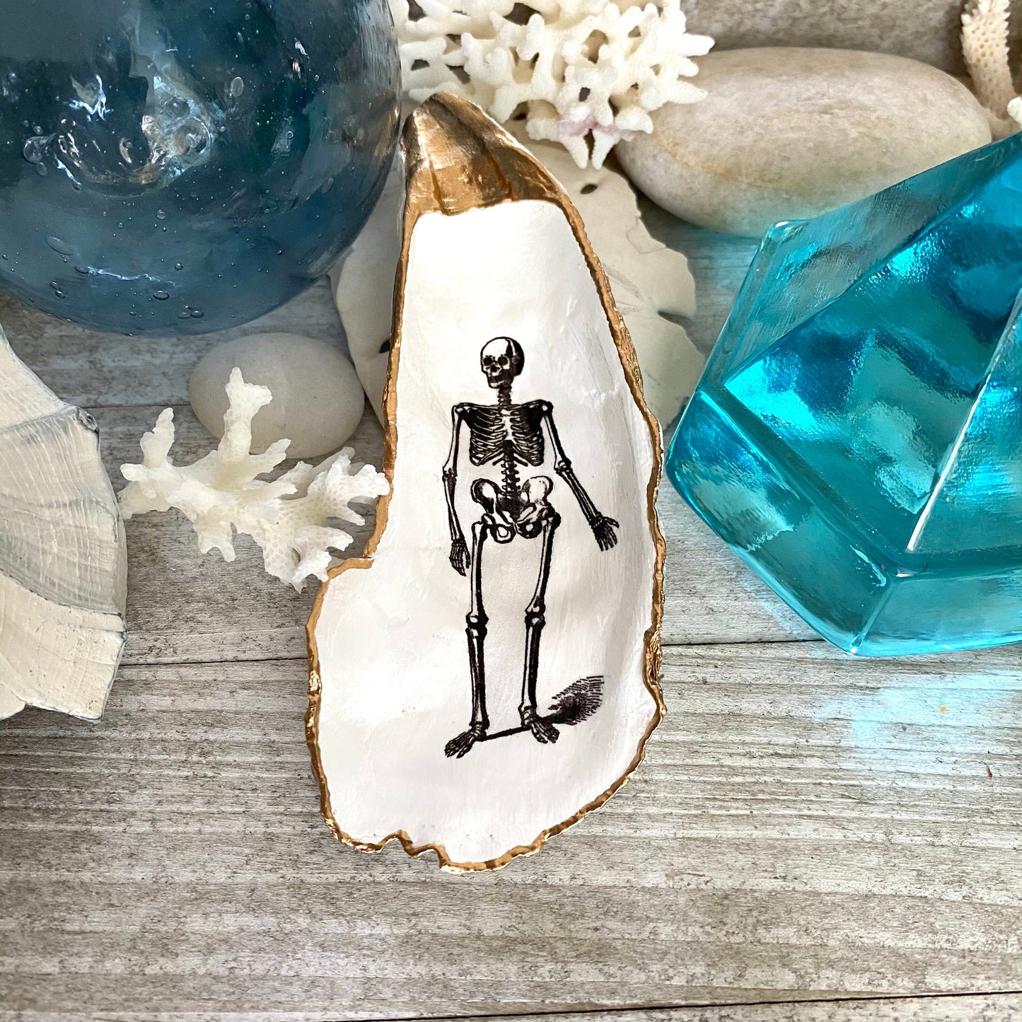 Decoupage Skeleton Oyster Shell Ring Dish – Hand-Crafted Gothic Coastal Decor