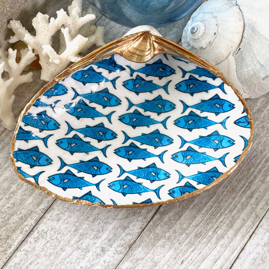 Decoupage Blue & White Clam Shell Ring Dish – Fish Art Coastal Jewelry Holder, Nautical Gift
