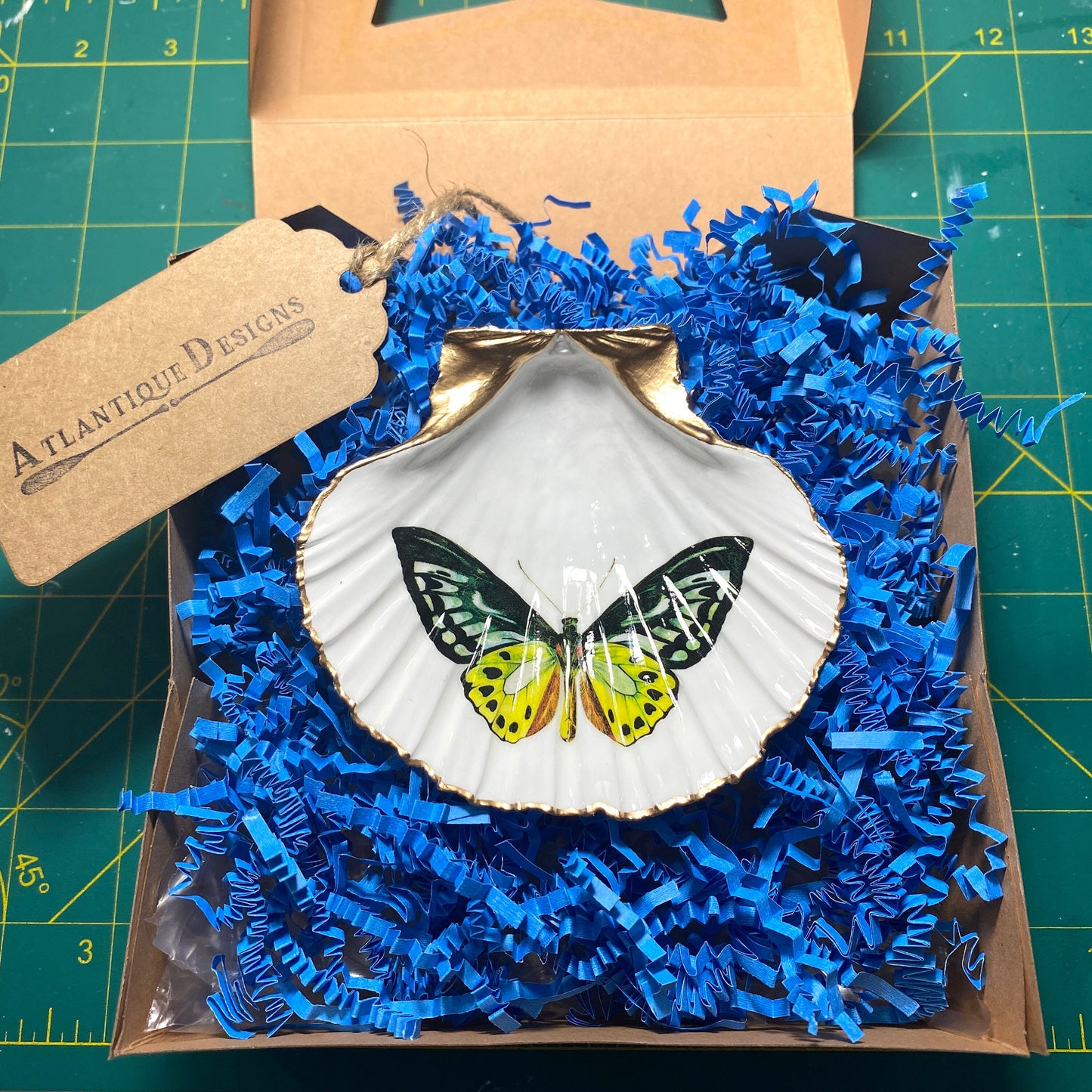 Decoupage Scallop Shell Trinket Dish Butterfly Art