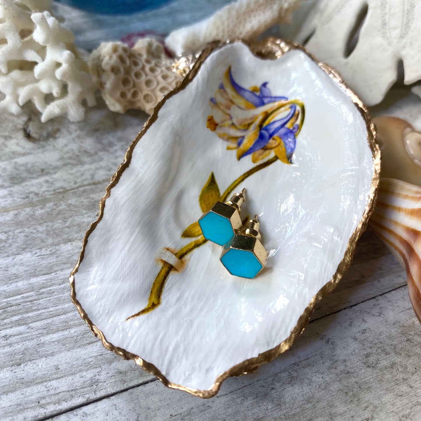 Decoupage Oyster Shell Trinket Dish Columbine Flower Art