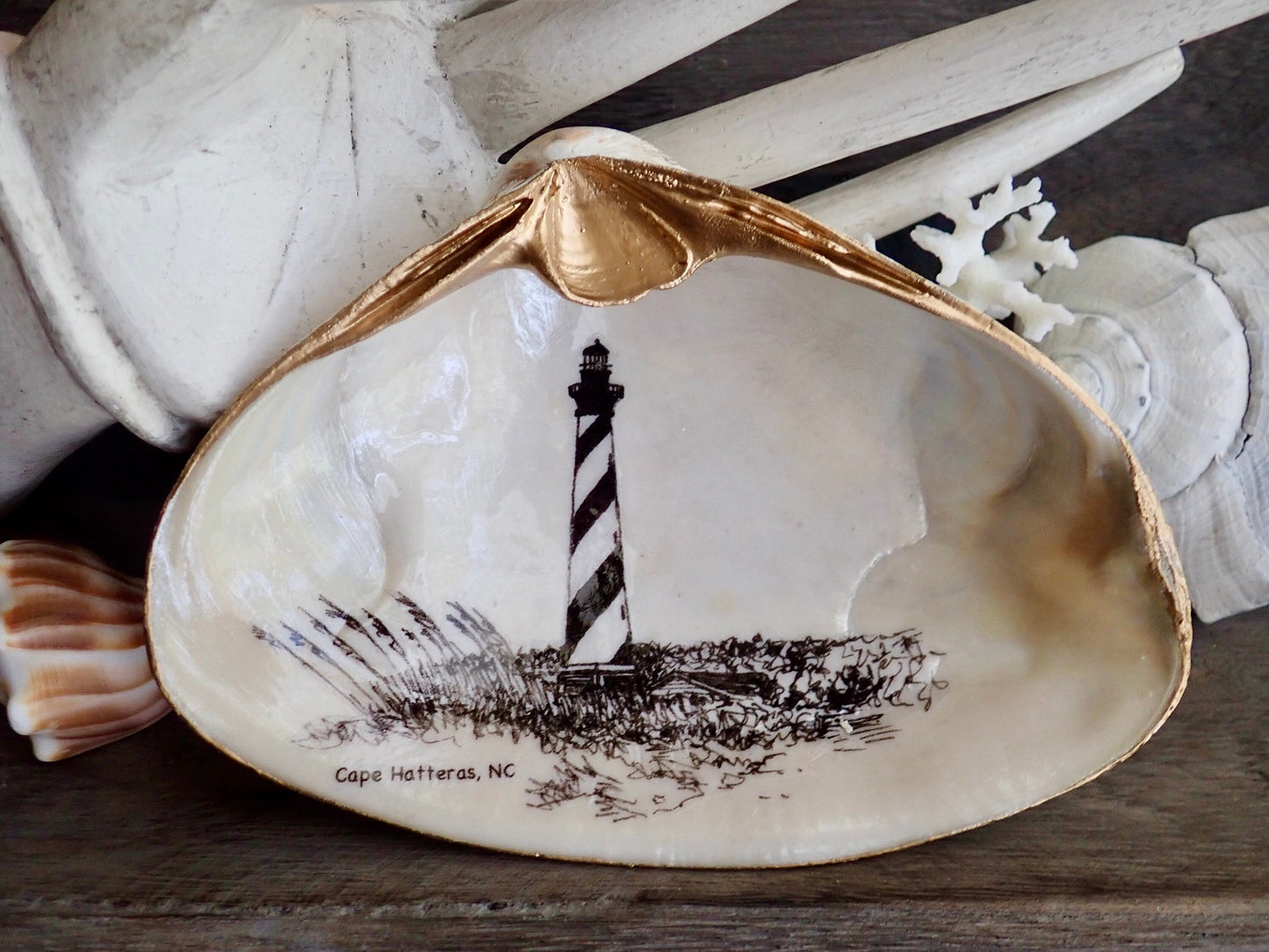 Decoupage Clam Shell Trinket Dish Cape Hatteras Lighthouse Art