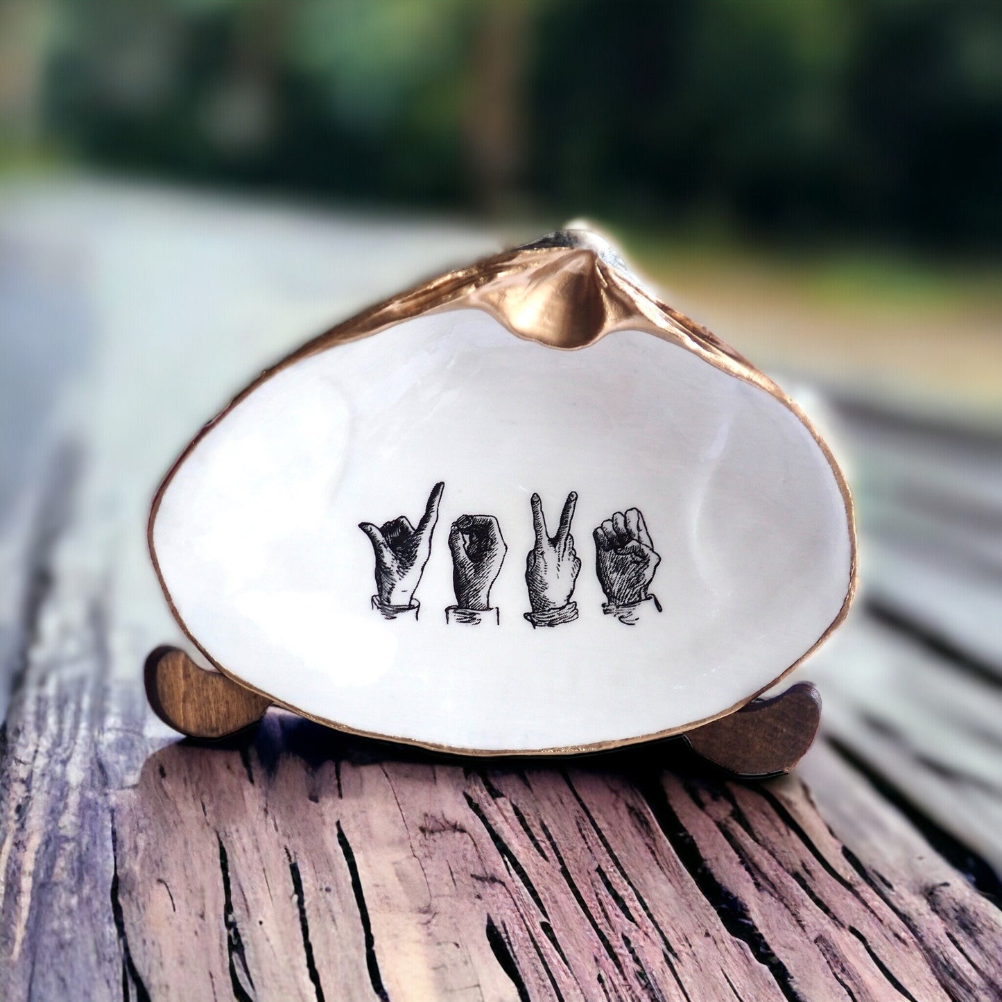American Sign Language "Love" Decoupage Clam Shell Trinket Dish