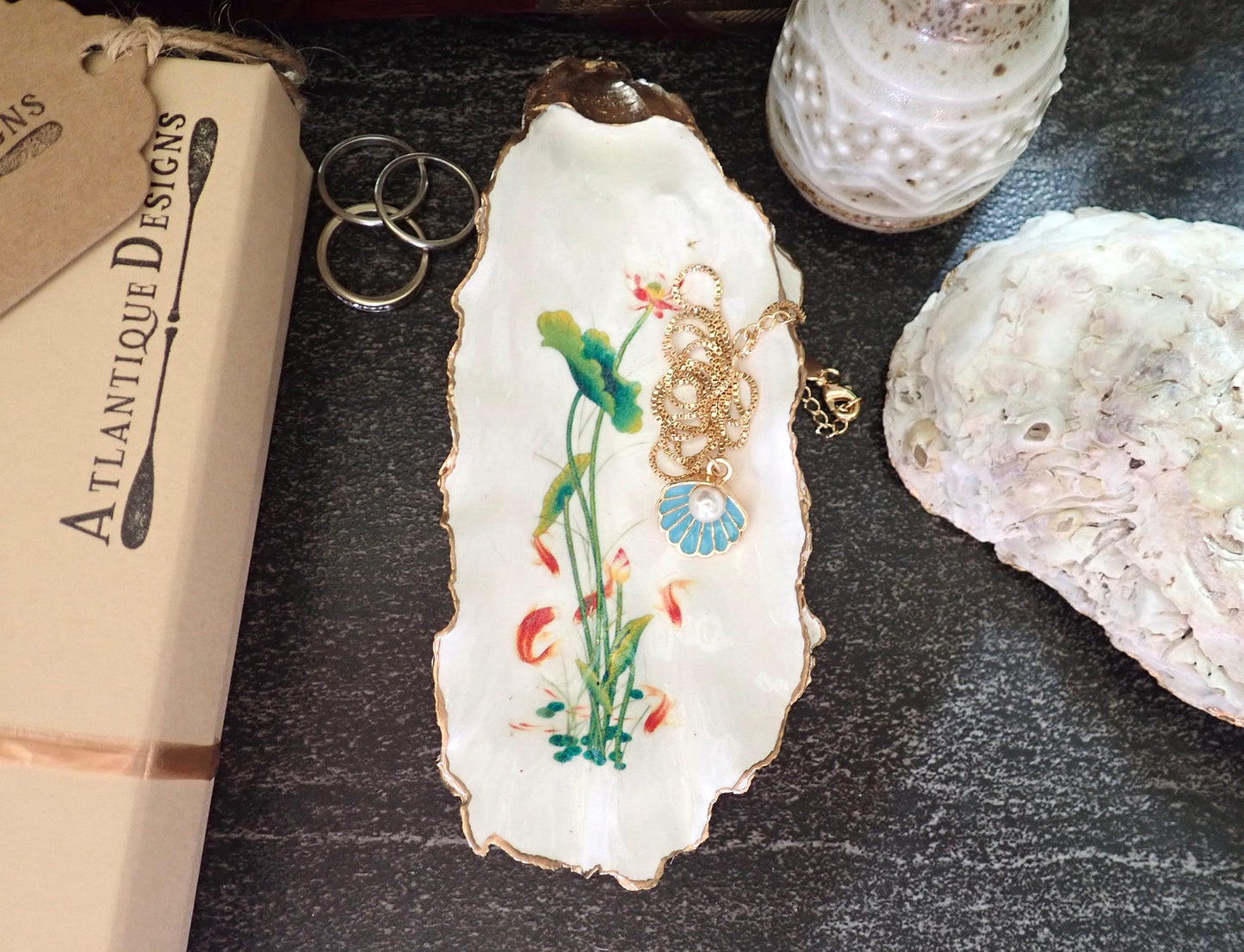 Water Lily Oyster Shell Trinket Dish – Hand-Painted Decoupage Art