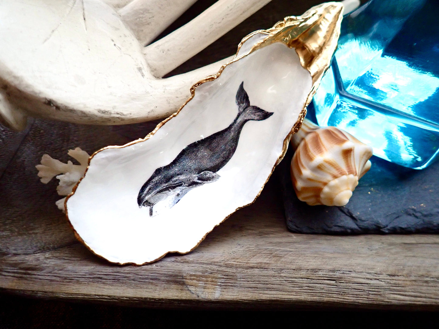 Whale Art Decoupage Oyster Shell Trinket Dish