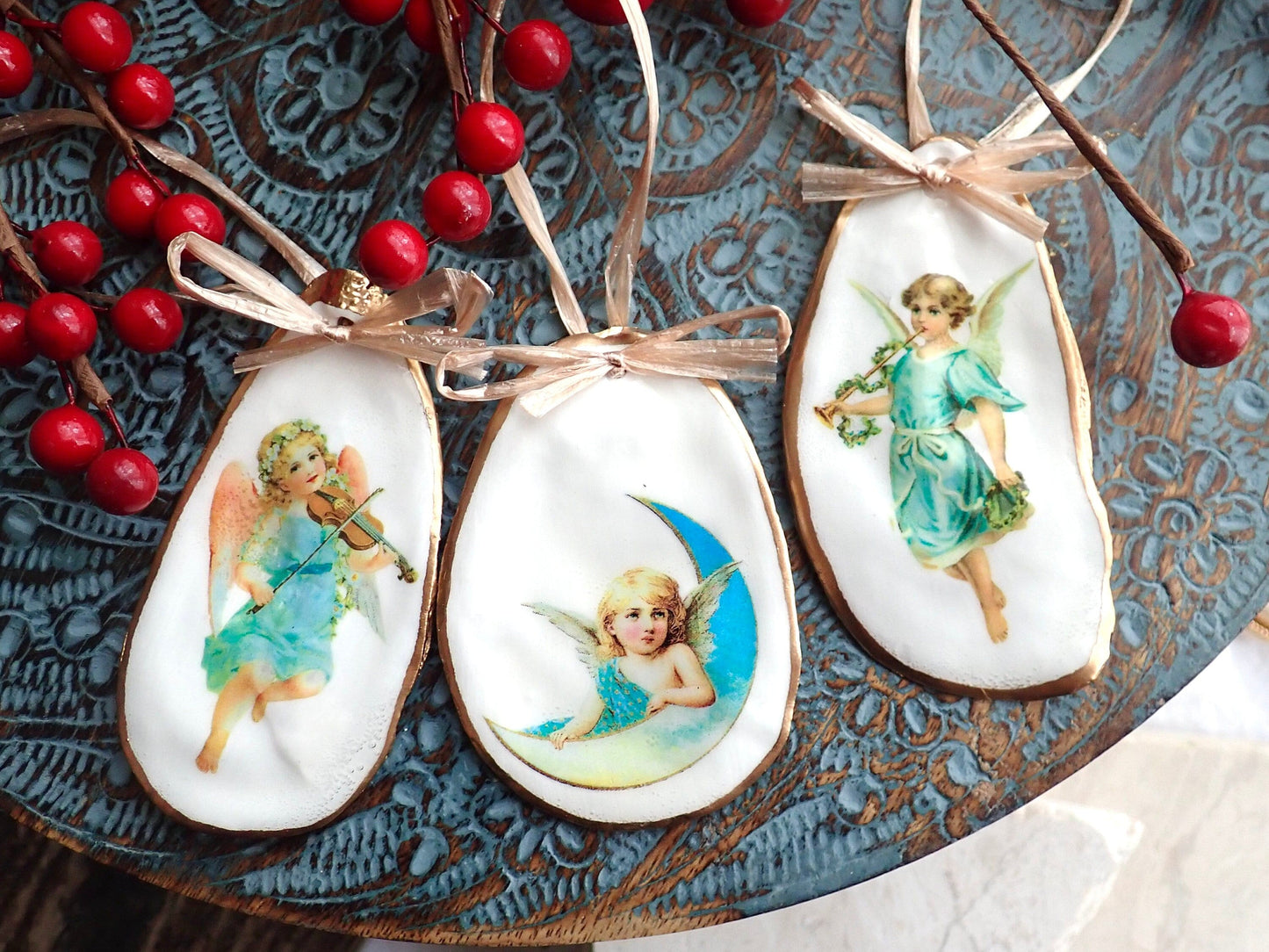 Holiday Angels Decoupage Oyster Shell Ornaments