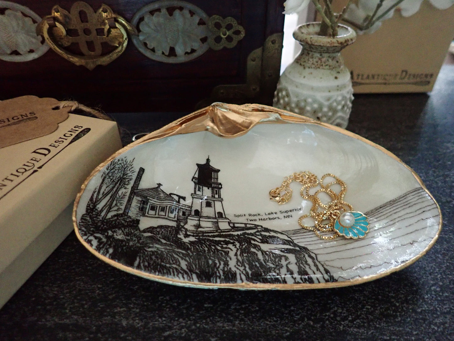 Decoupage Clam Shell Trinket Dish Split Rock Lighthouse Art