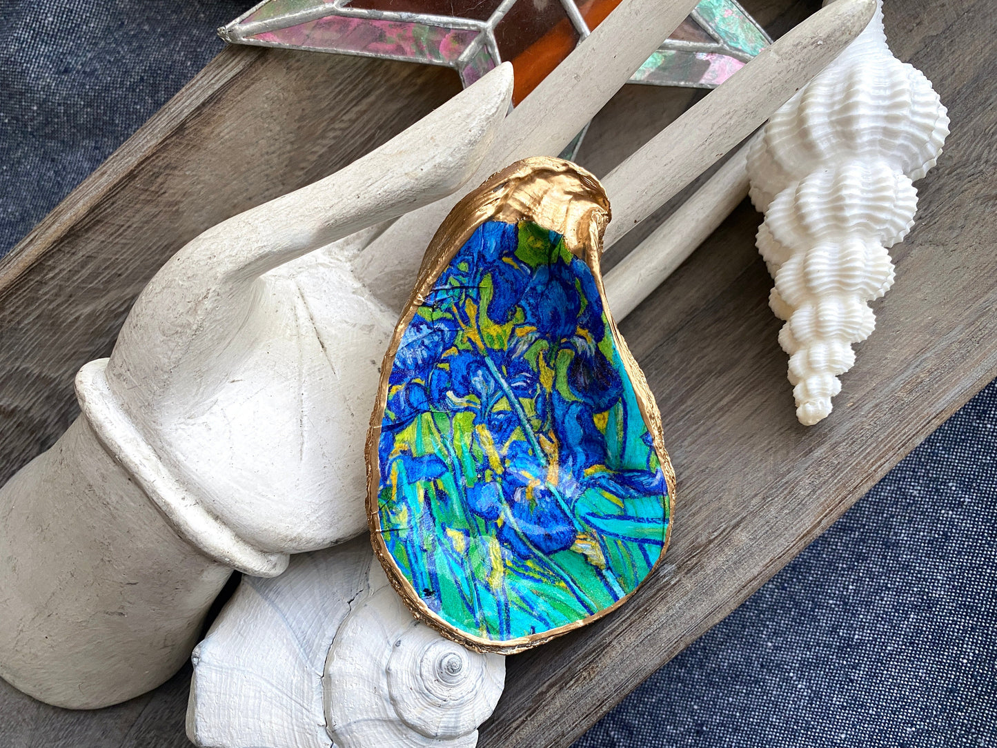 Decoupage Oyster Shell Ring Dish – Van Gogh-Inspired Painted Shell, Coastal Decor
