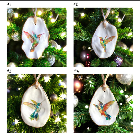 Holiday Ornament Decoupage Hummingbird Oyster Shell