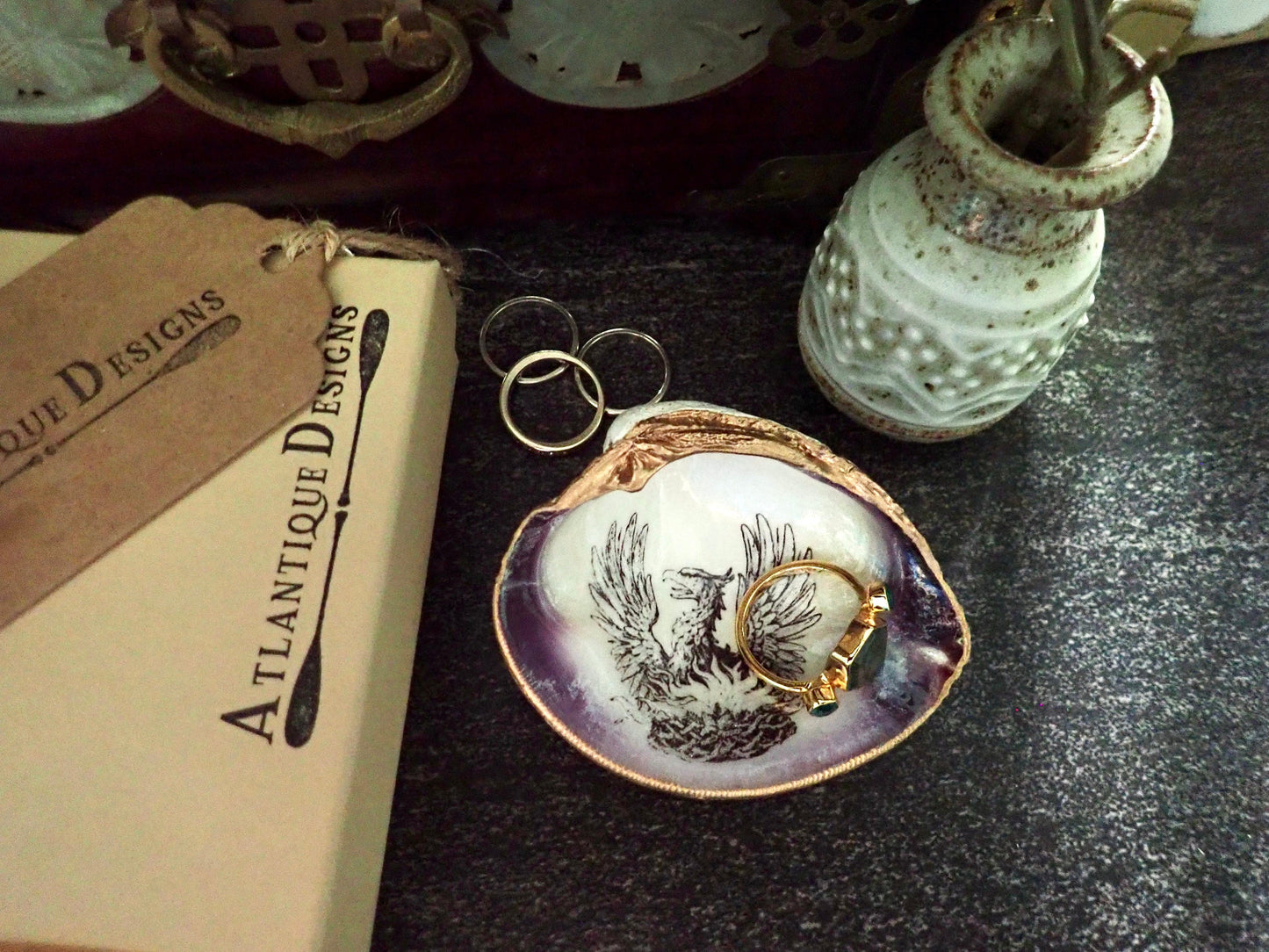 Decoupage Phoenix Clam Shell Ring Dish – Coastal Jewelry Holder, Mythology Decor
