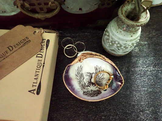 Decoupage Phoenix Clam Shell Ring Dish – Coastal Jewelry Holder, Mythology Decor