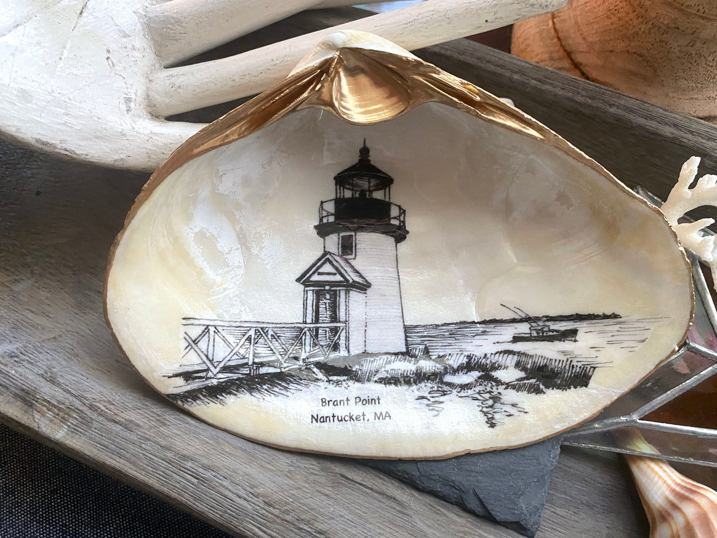 Decoupage Clam Shell Trinket Dish Nantucket Art