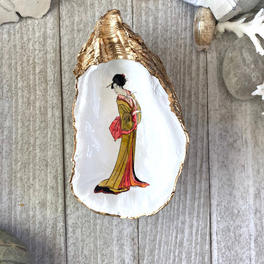 Decoupage Oyster Shell Trinket Dish Geisha Art