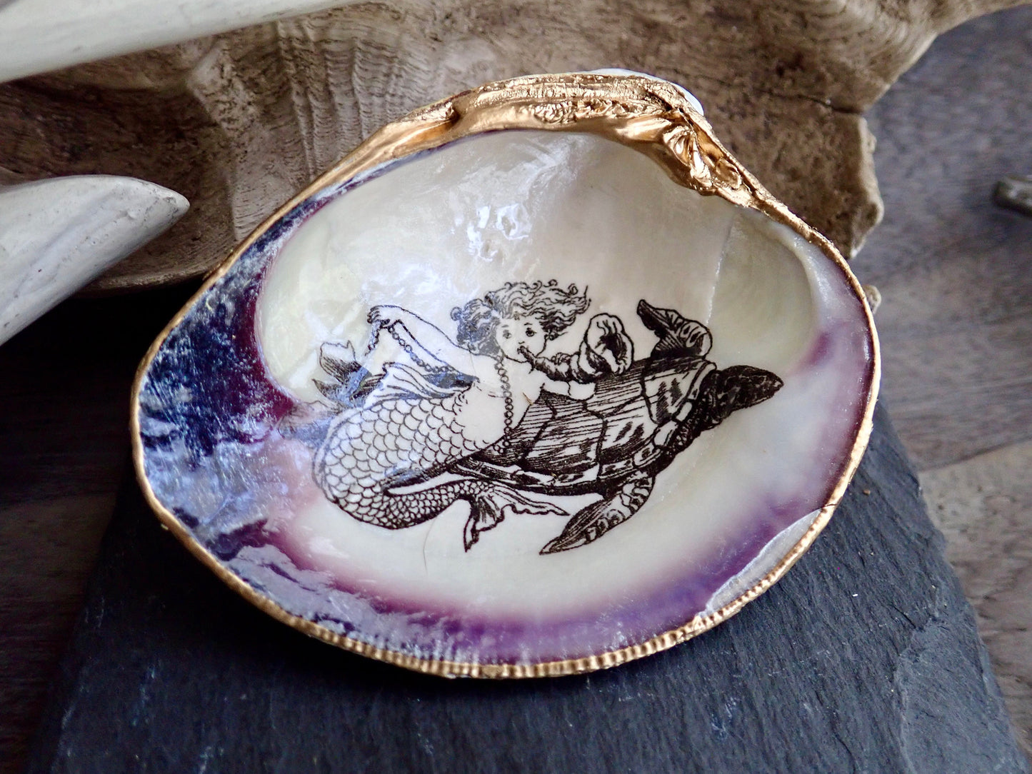 Little Mermaid Decoupage Clam Shell Trinket Dish