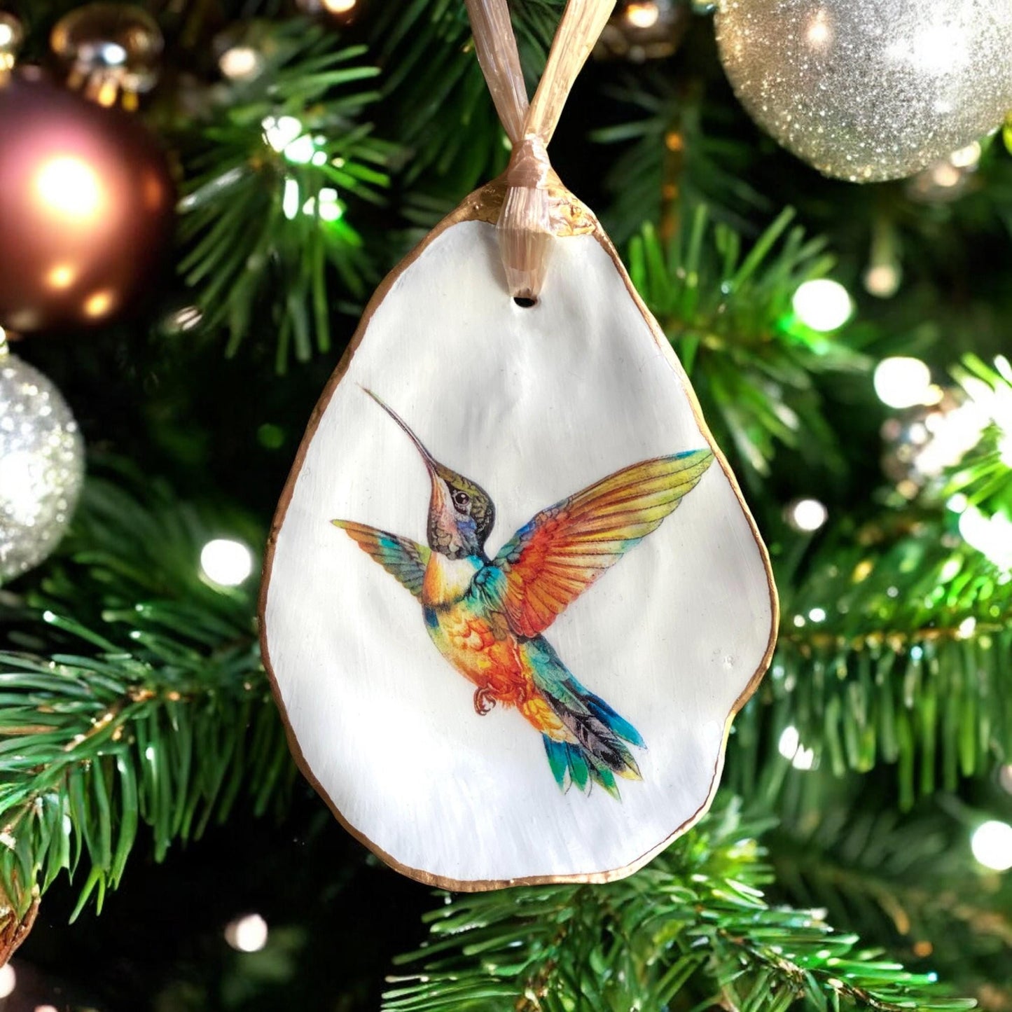 Holiday Ornament Decoupage Hummingbird Oyster Shell