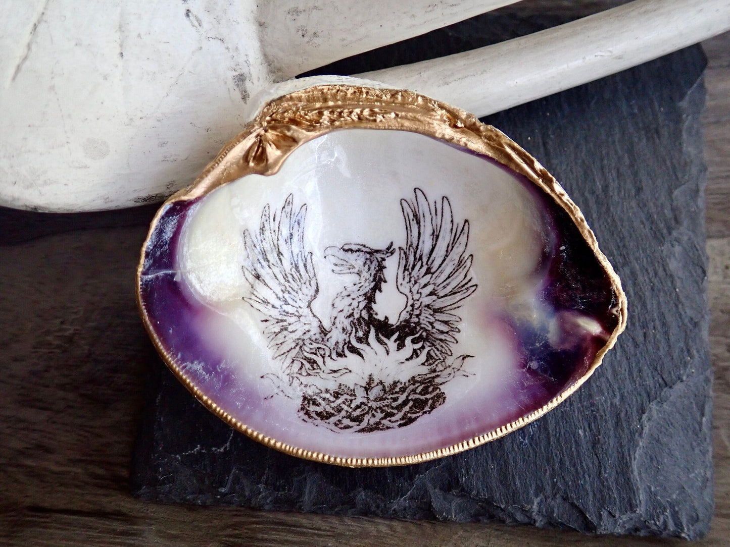 Decoupage Phoenix Clam Shell Ring Dish – Coastal Jewelry Holder, Mythology Decor