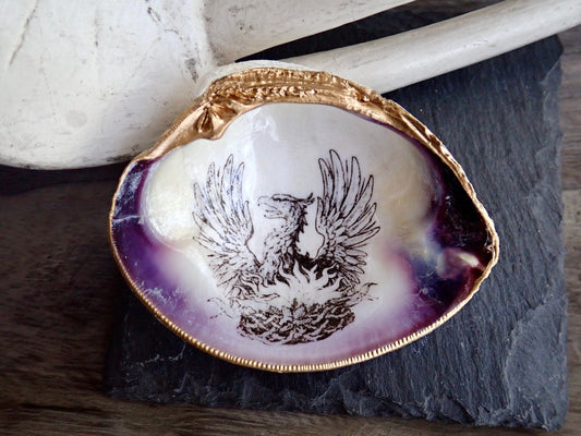 Decoupage Phoenix Clam Shell Ring Dish – Coastal Jewelry Holder, Mythology Decor
