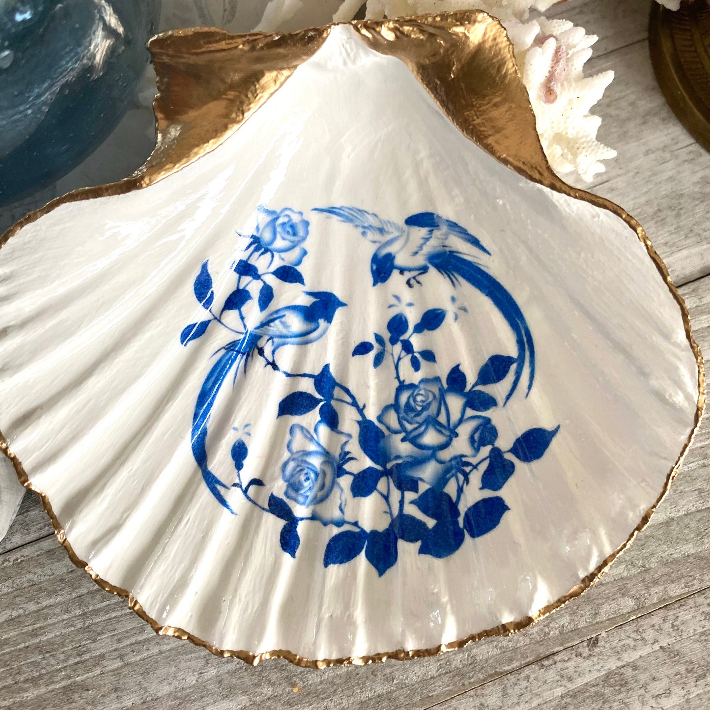 Decoupage Scallop Shell Trinket Dish Blue & White Chinoiserie