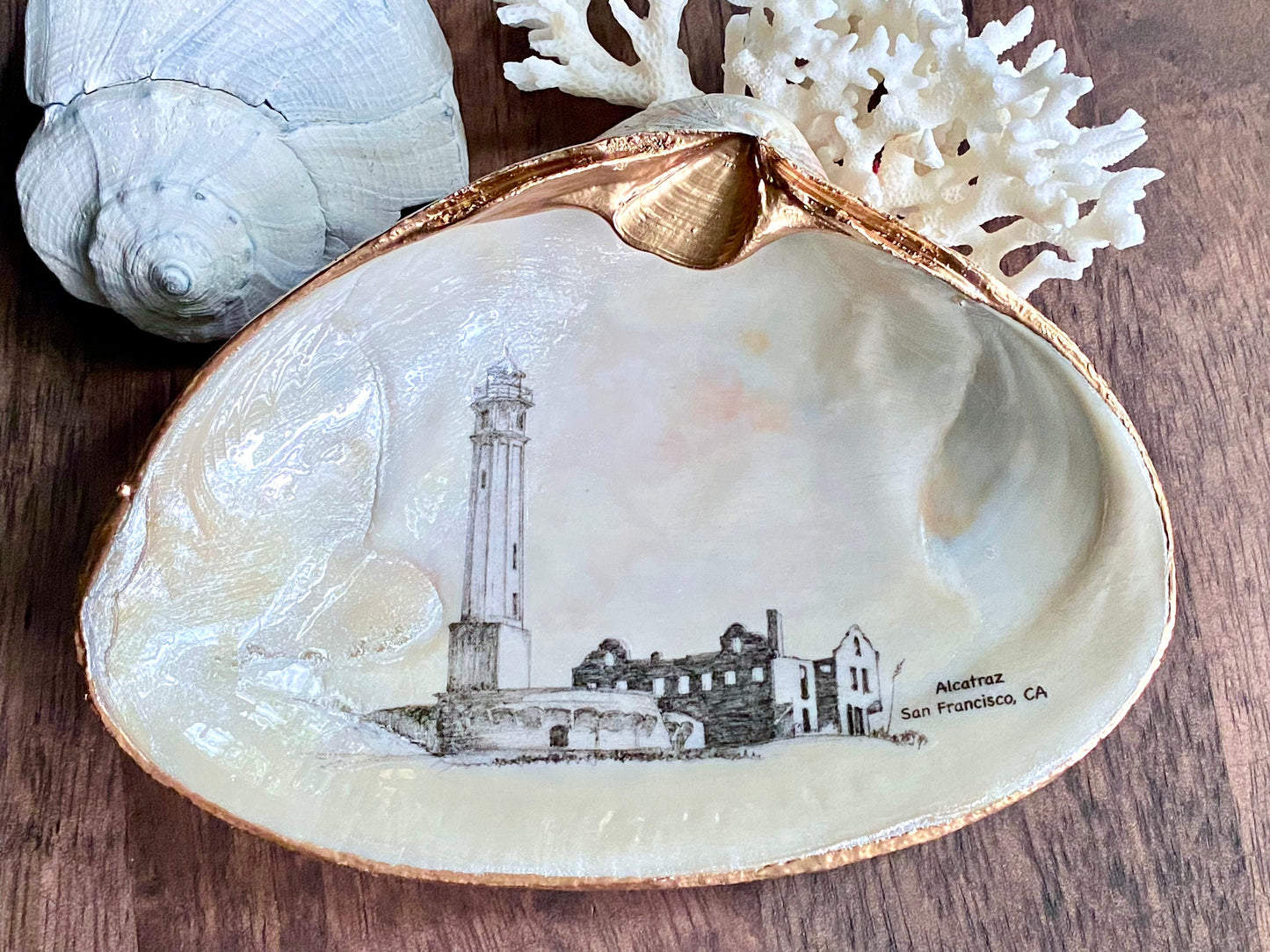 Decoupage Clam Shell Trinket Art Alcatraz Lighthouse Art