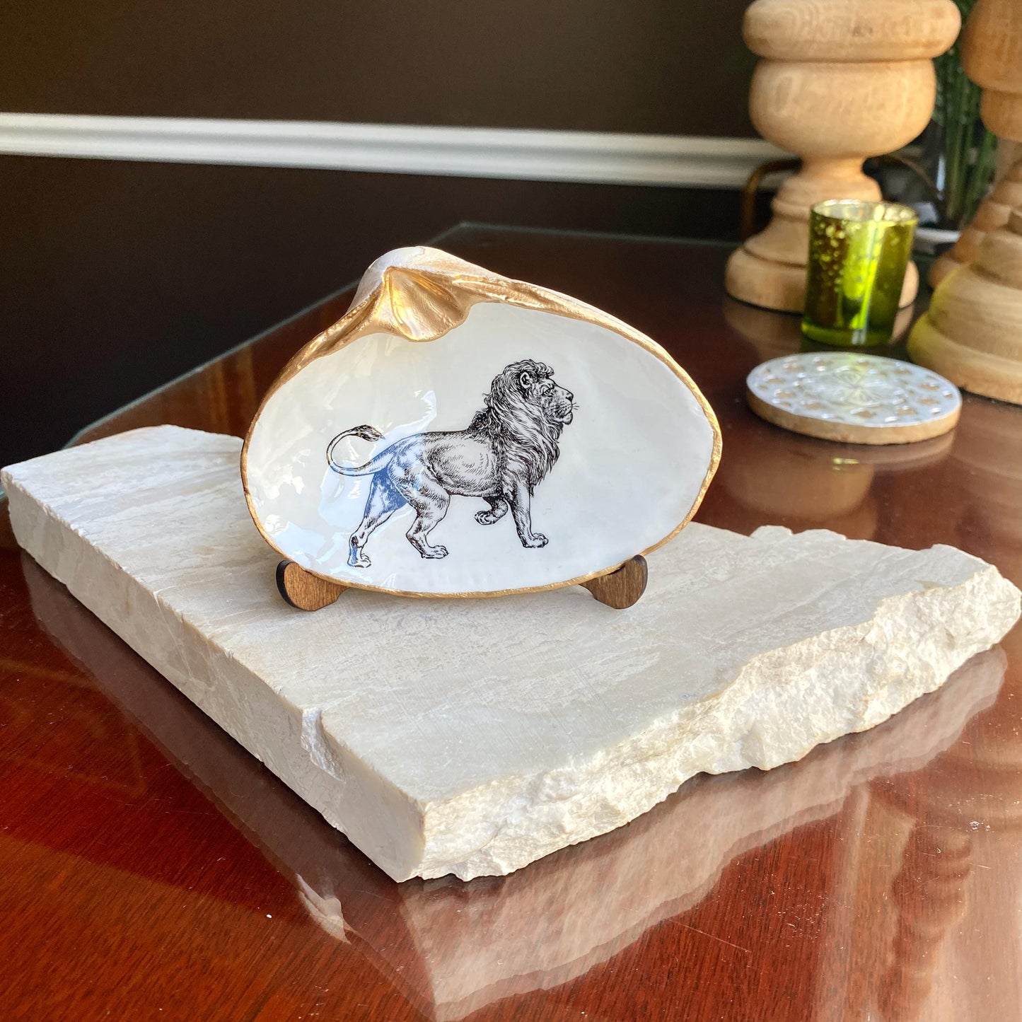 Decoupage Clam Shell Jewelry Dish – Lion Lover Gift, Coastal Decor
