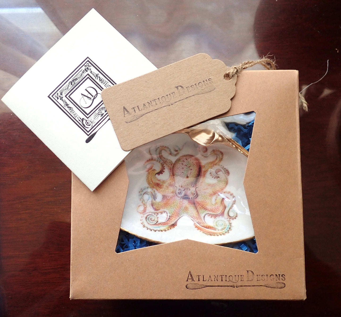 Decoupage Blue & White Clam Shell Ring Dish – Fish Art Coastal Jewelry Holder, Nautical Gift