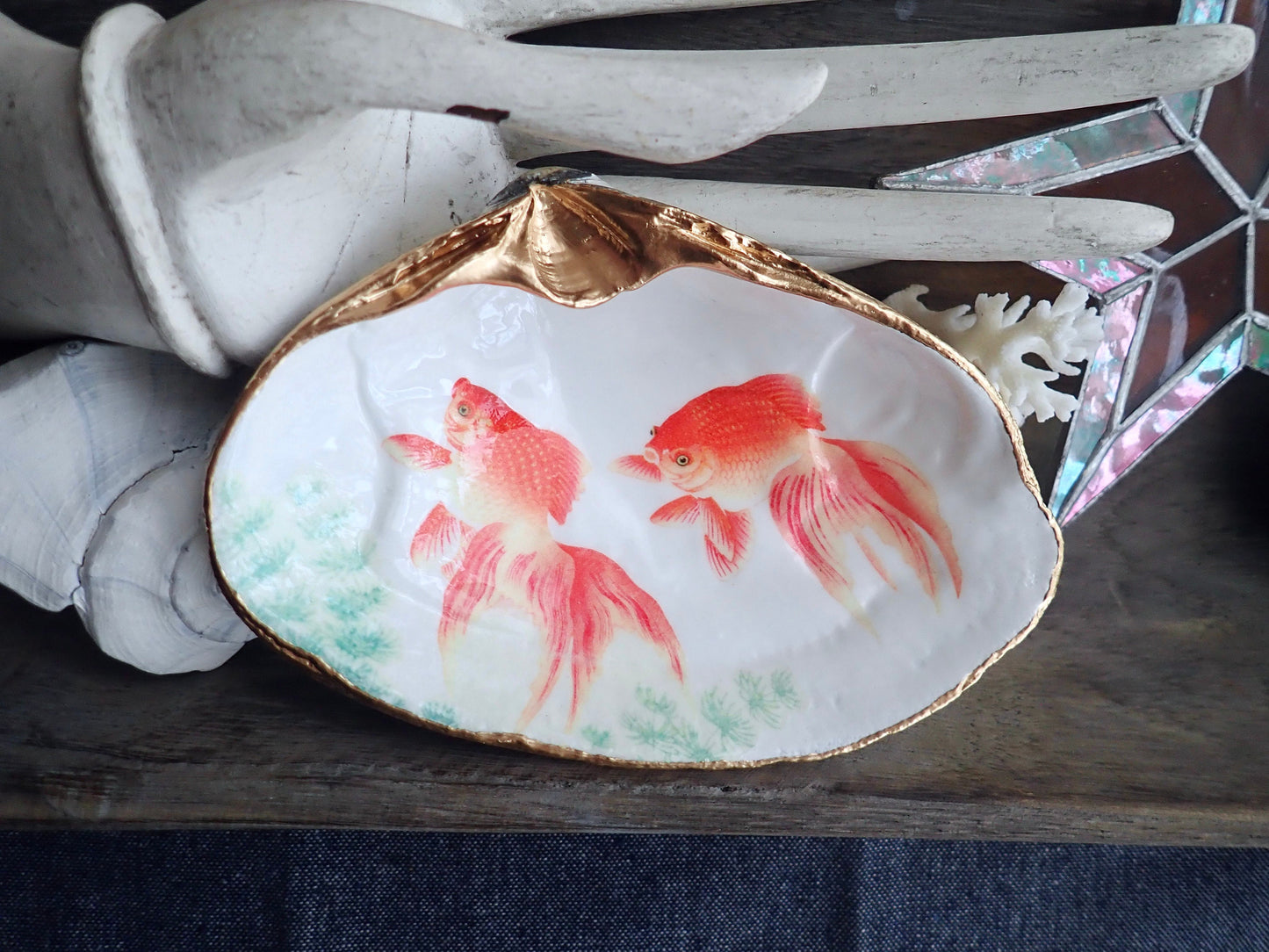 Decoupage Clam Shell Goldfish Art