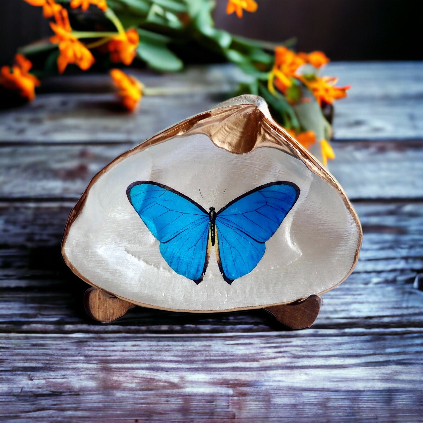 Blue Morpho Butterfly Decoupage Clam Shell Trinket Dish