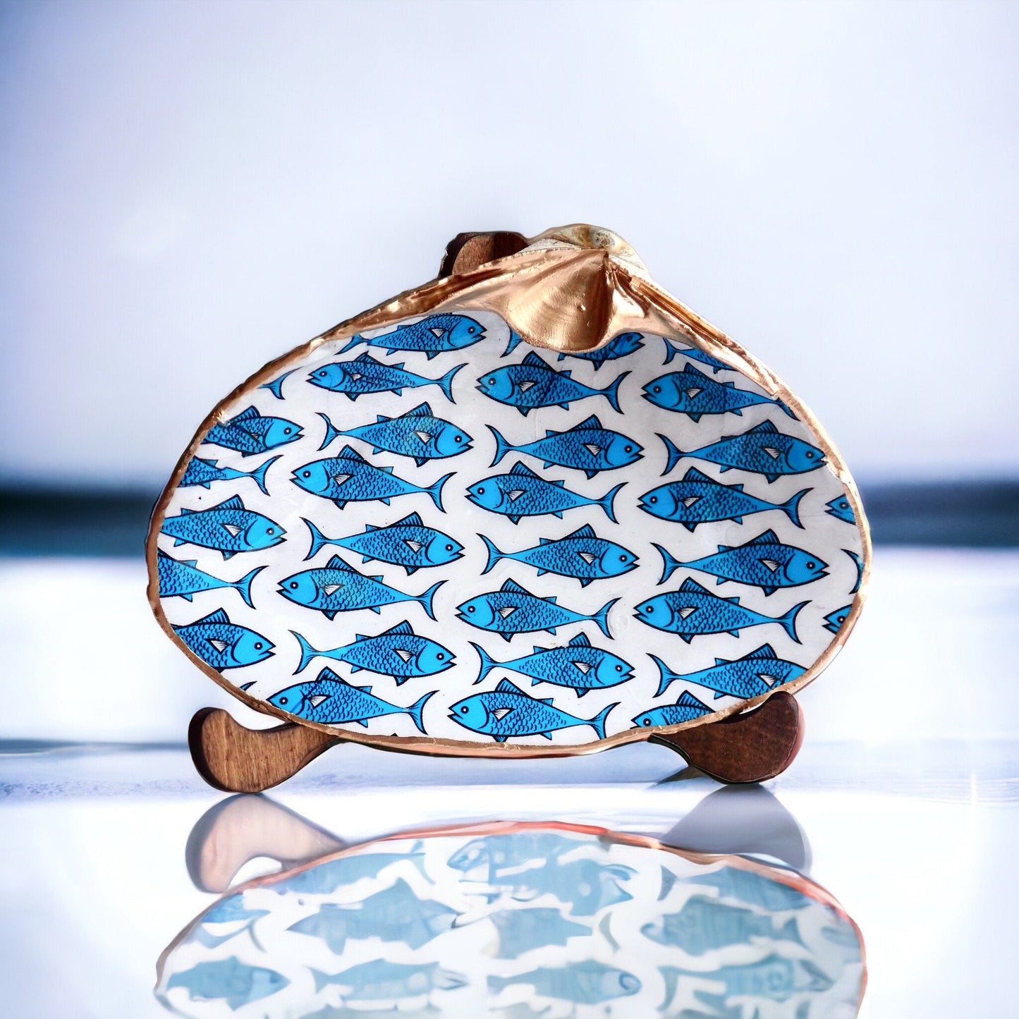 Decoupage Blue & White Clam Shell Ring Dish – Fish Art Coastal Jewelry Holder, Nautical Gift