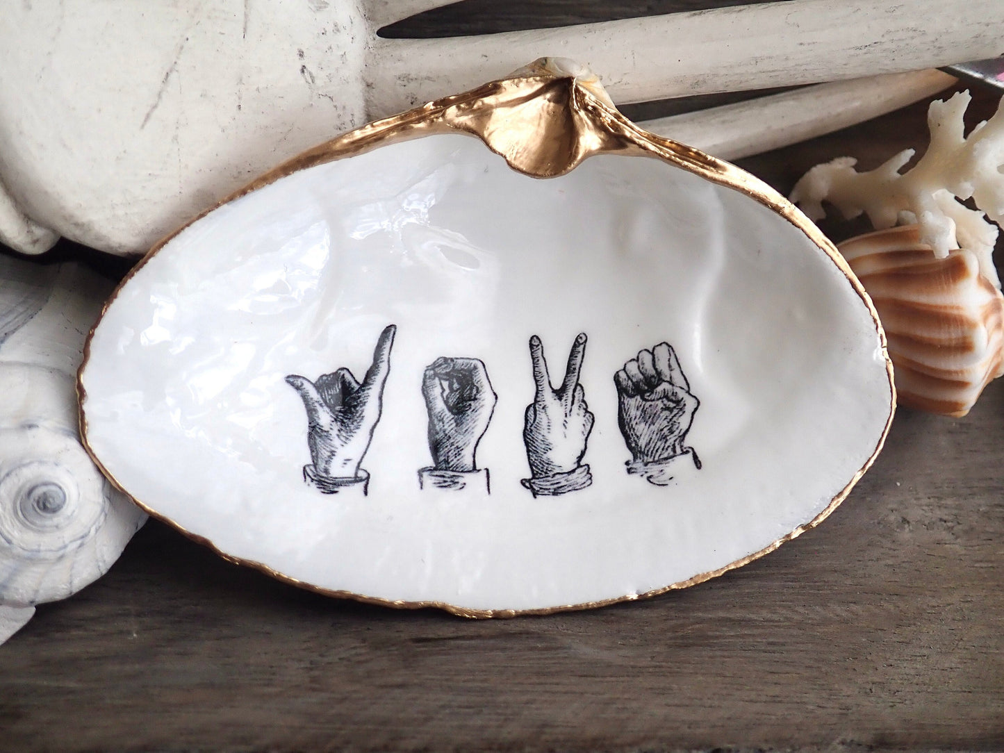 American Sign Language "Love" Decoupage Clam Shell Trinket Dish