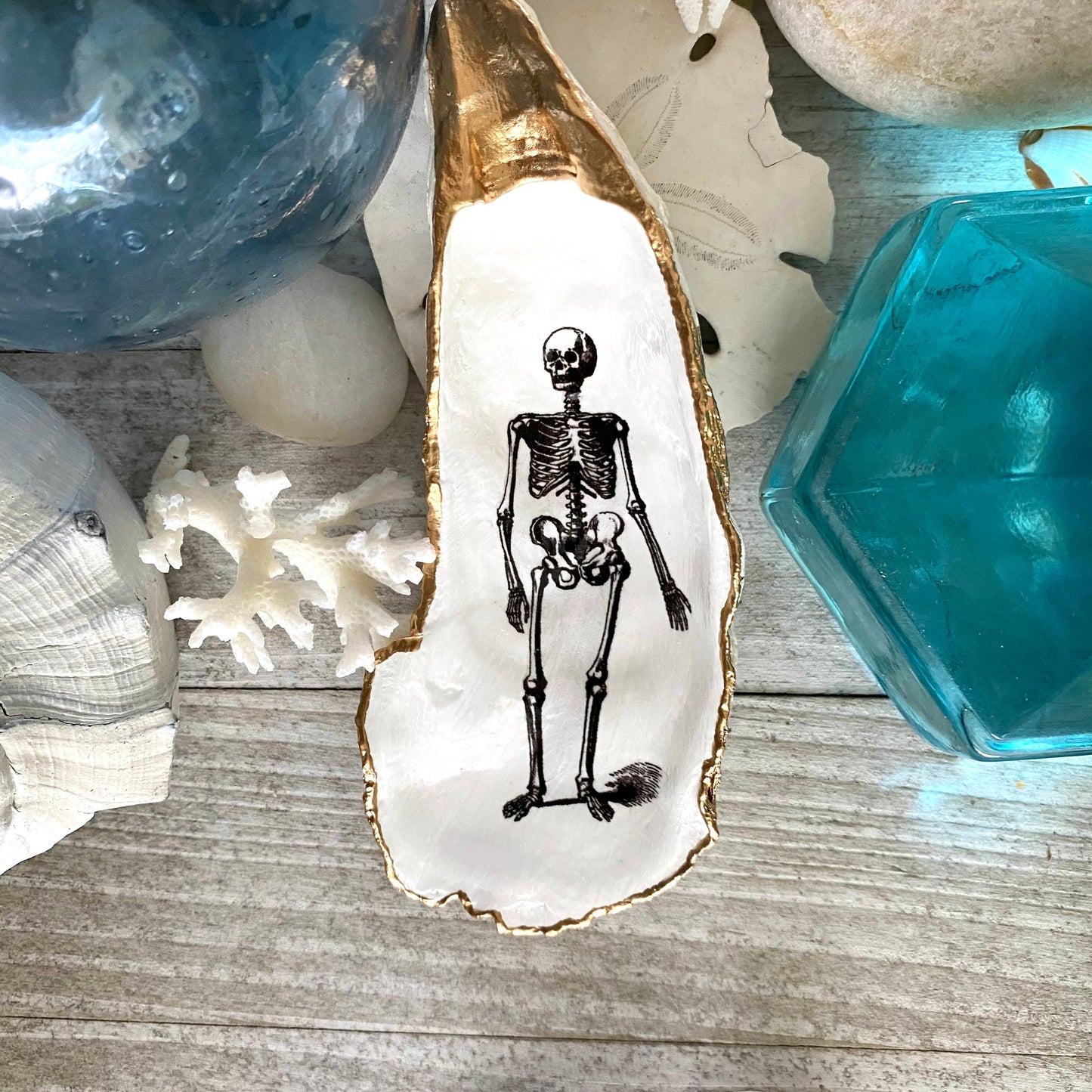 Decoupage Skeleton Oyster Shell Ring Dish – Hand-Crafted Gothic Coastal Decor