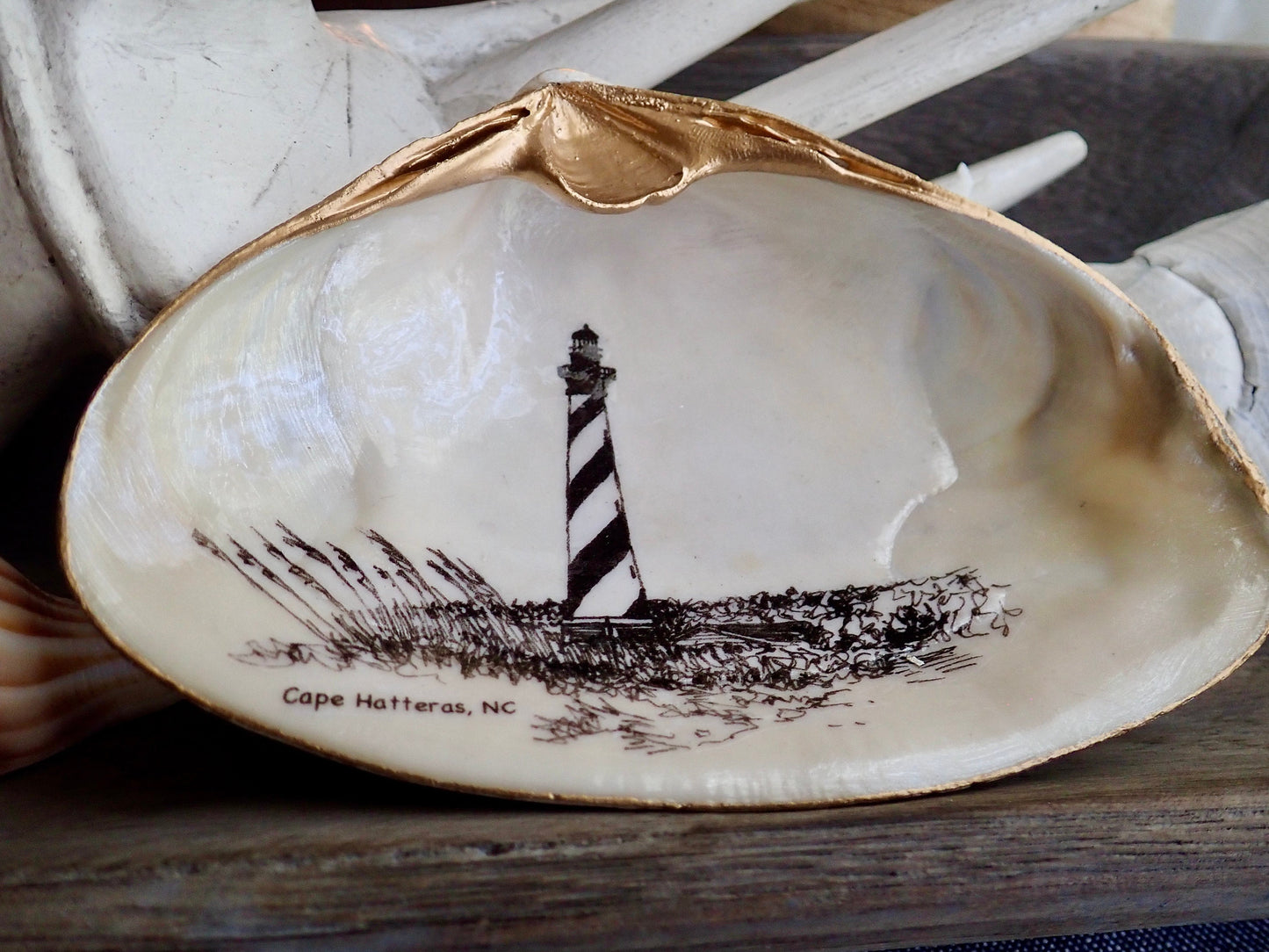 Decoupage Clam Shell Trinket Dish Cape Hatteras Lighthouse Art