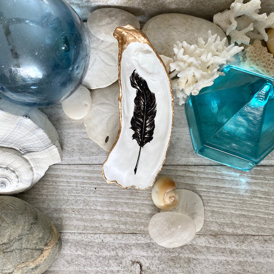 Decoupage Oyster Shell Ring Dish – Feather Art Coastal Decor, Hostess Gift