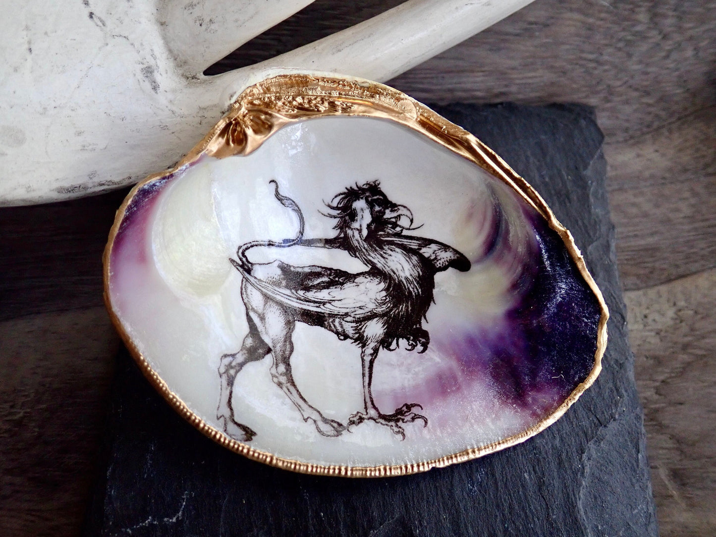 Decoupage Clam Shell Trinket Dish Mythical Griffin Art