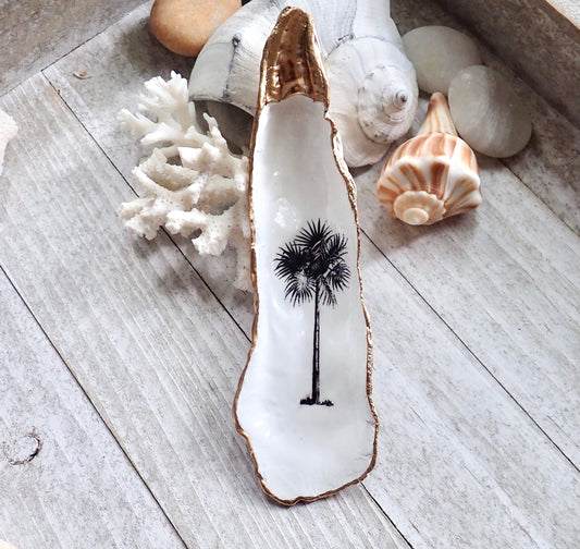 Decoupage Palm Tree Oyster Shell Ring Dish – Coastal Jewelry Holder, Nautical Gift