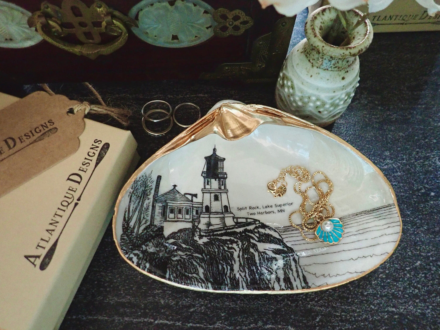 Decoupage Clam Shell Trinket Dish Split Rock Lighthouse Art