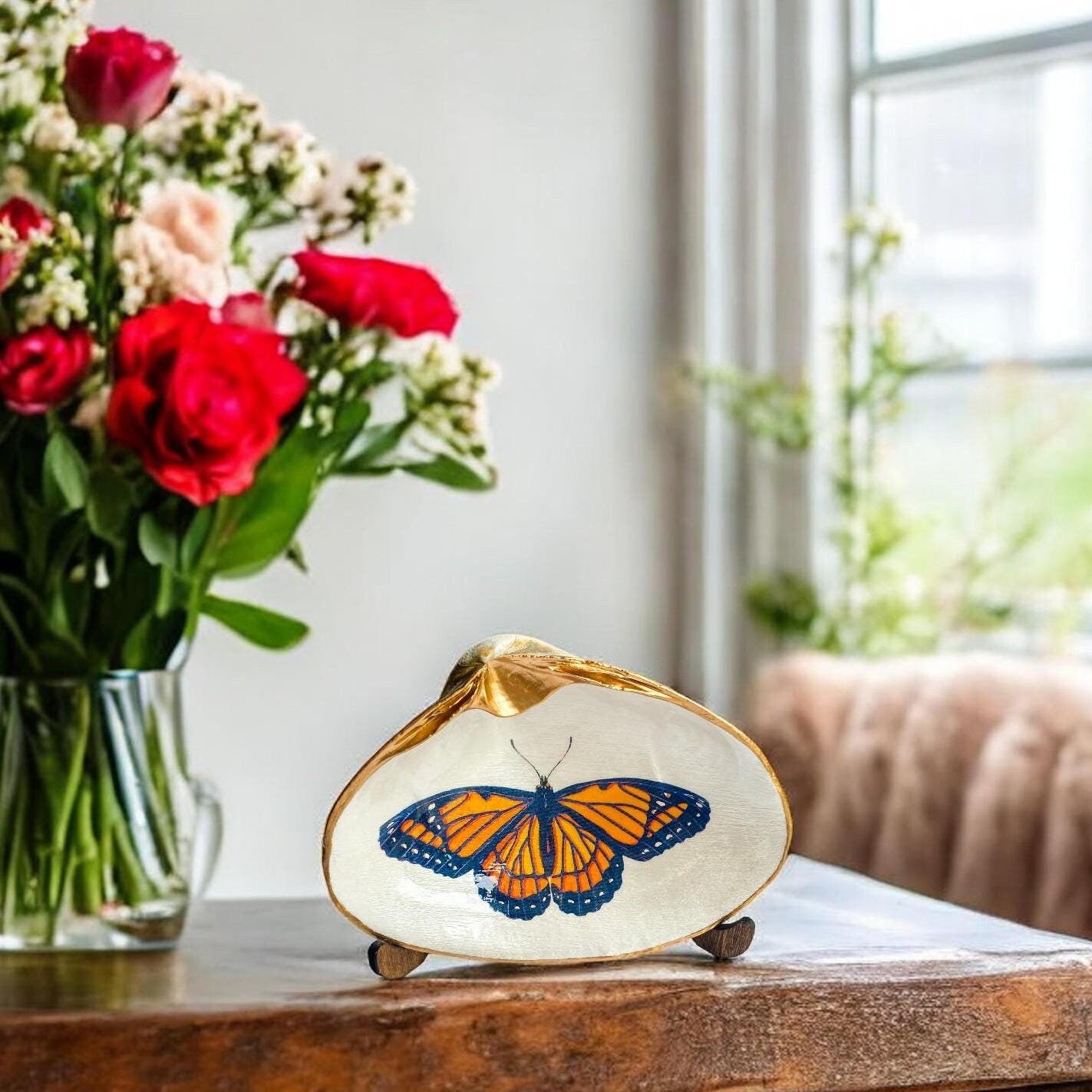 Decoupage Clam Shell Trinket Dish Monarch Butterfly Art