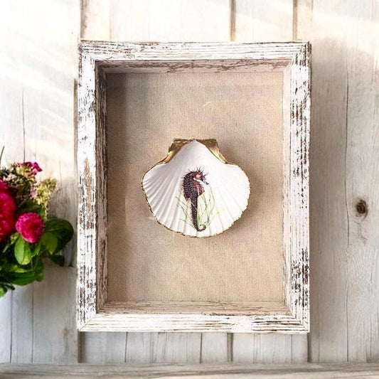 Coastal Wall Art Framed Decoupage Scallop Shell  – Beach House Decor