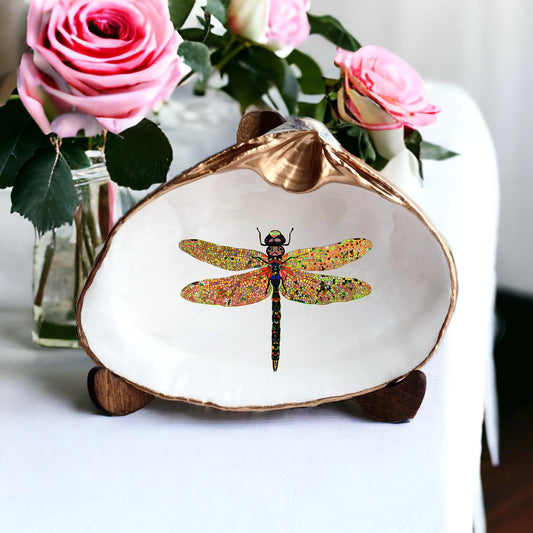 Decoupage Clam Shell Trinket Dish Dragonfly Art