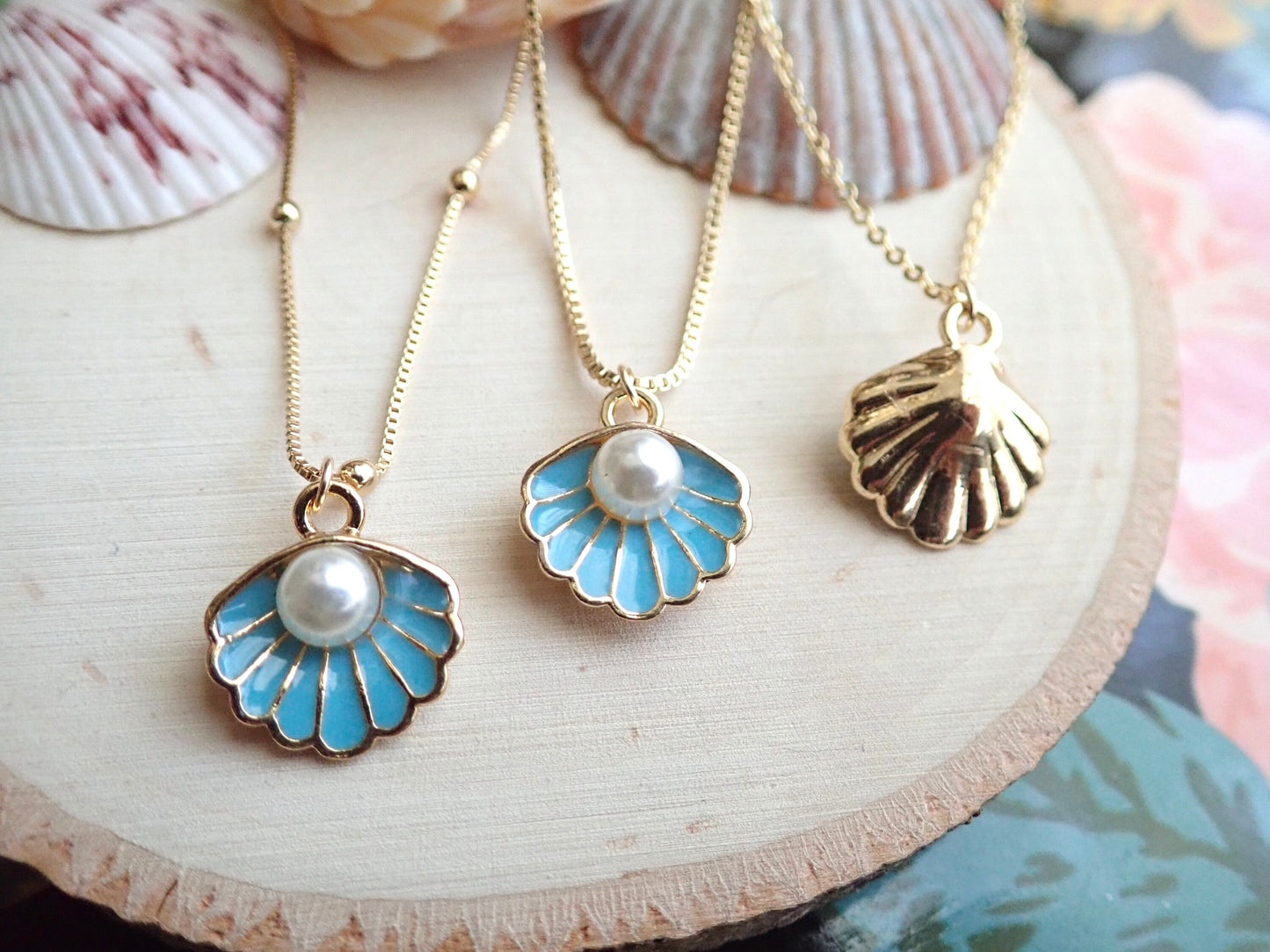 Gold Shell Charm Necklace – Dainty Pearl Seashell Pendant, Mermaid Jewelry