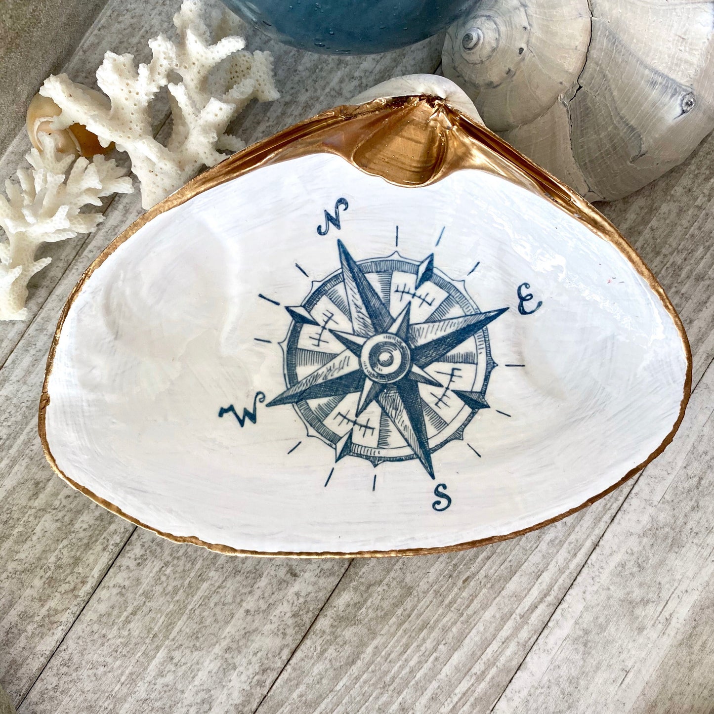 Decoupage Clam Shell Nautical Compass Art Trinket Dish