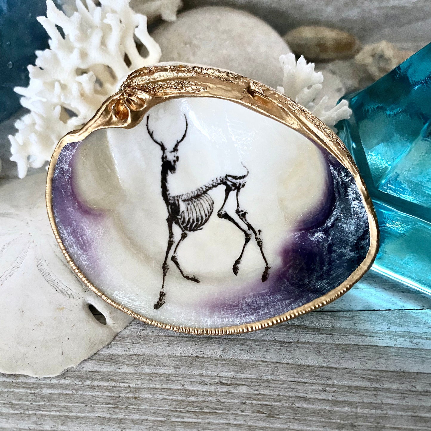 Decoupage Clam Shell Ring Dish – Gothic Skeleton, Esoteric Art Gift