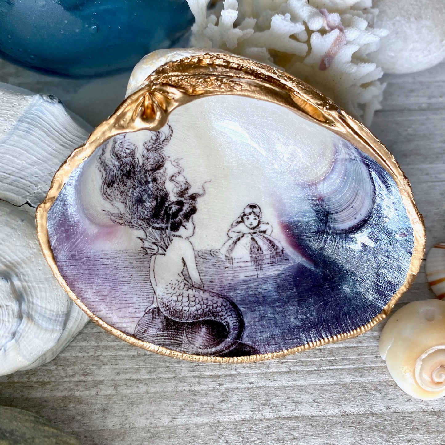 Decoupage Clam Shell Trinket Dish Mermaid Art