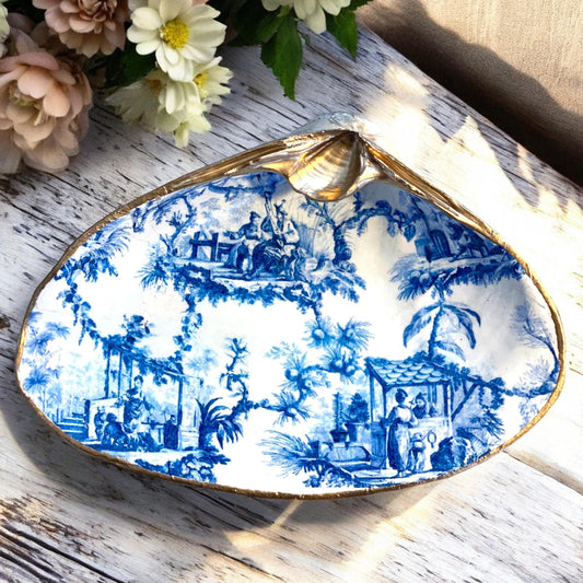 Blue & White Decoupage Clam Shell Trinket Dish Chinoiserie Art