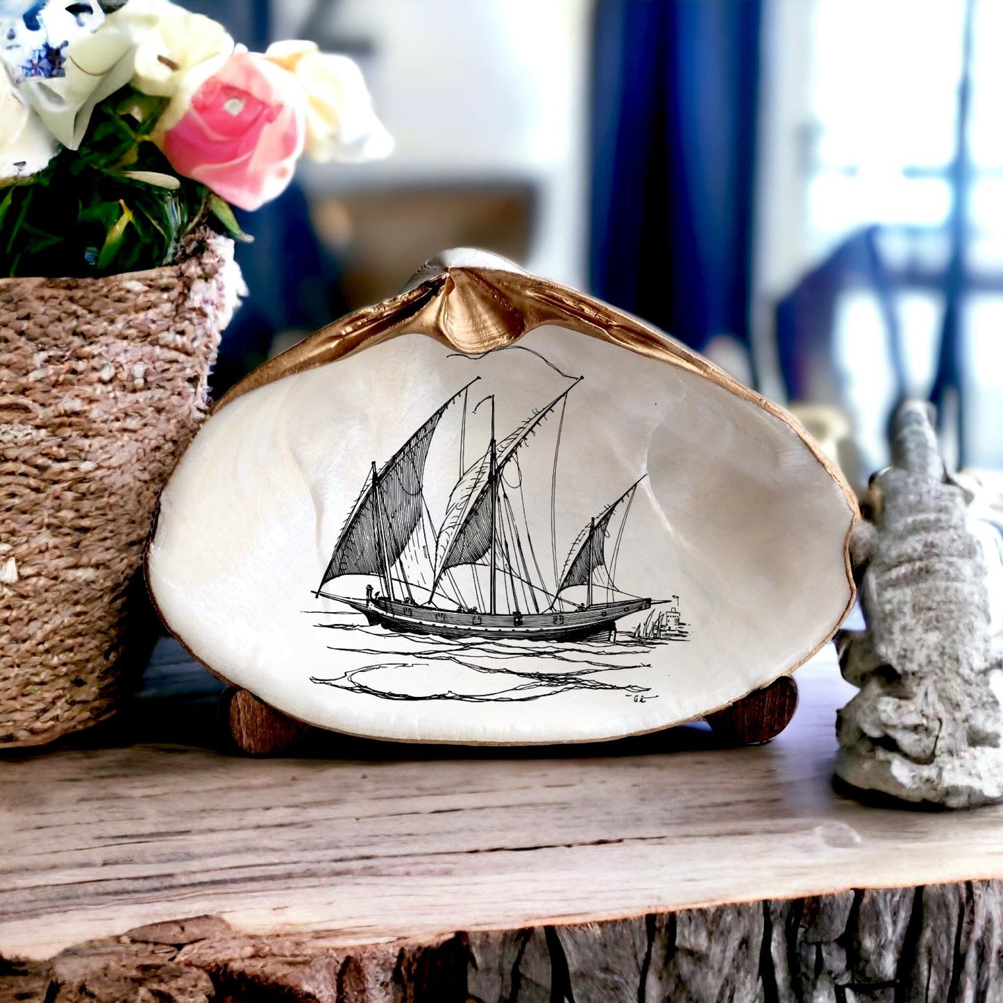 Decoupage Clam Shell Trinket Dish Sailboat Art