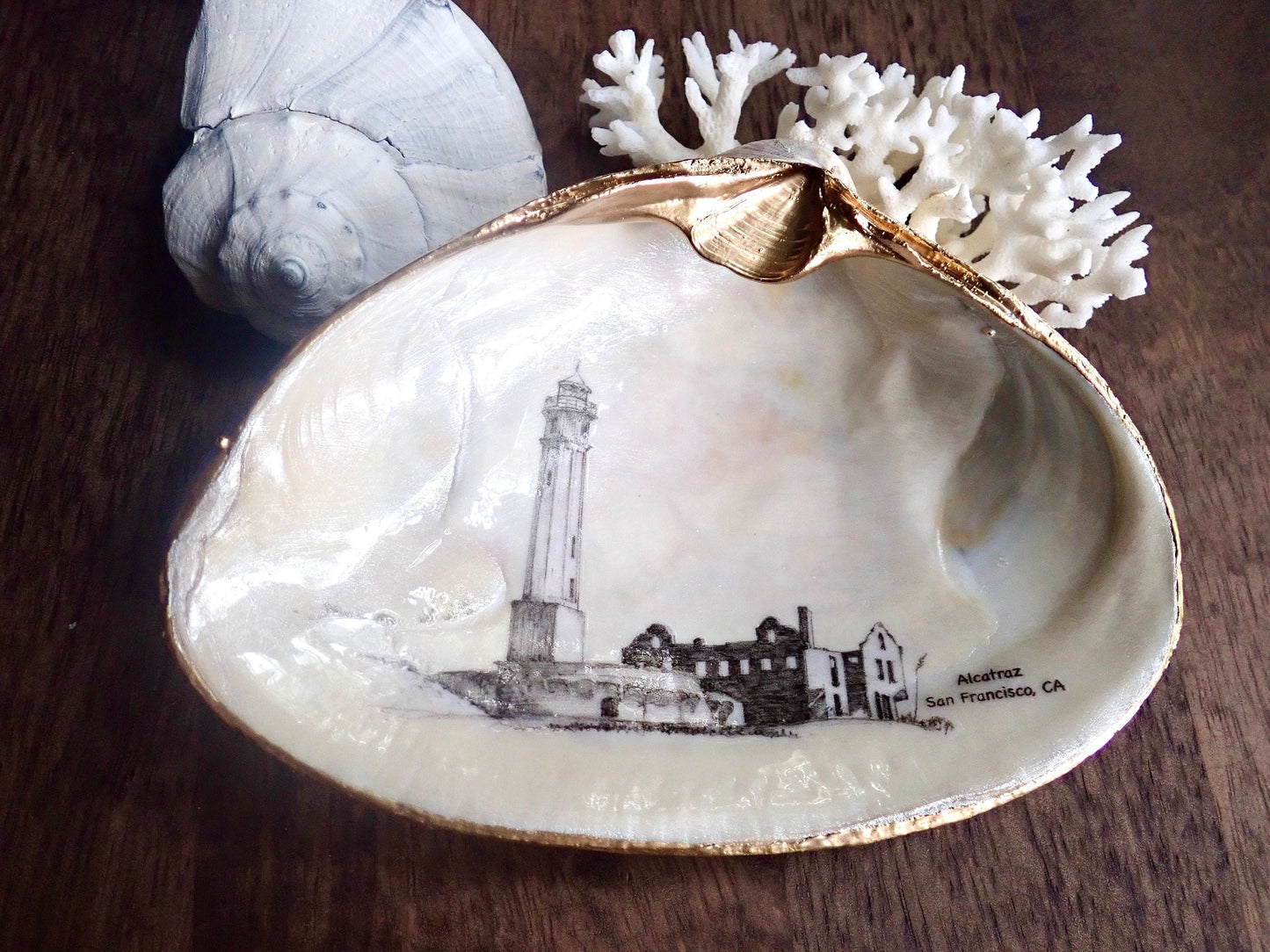 Decoupage Clam Shell Trinket Art Alcatraz Lighthouse Art