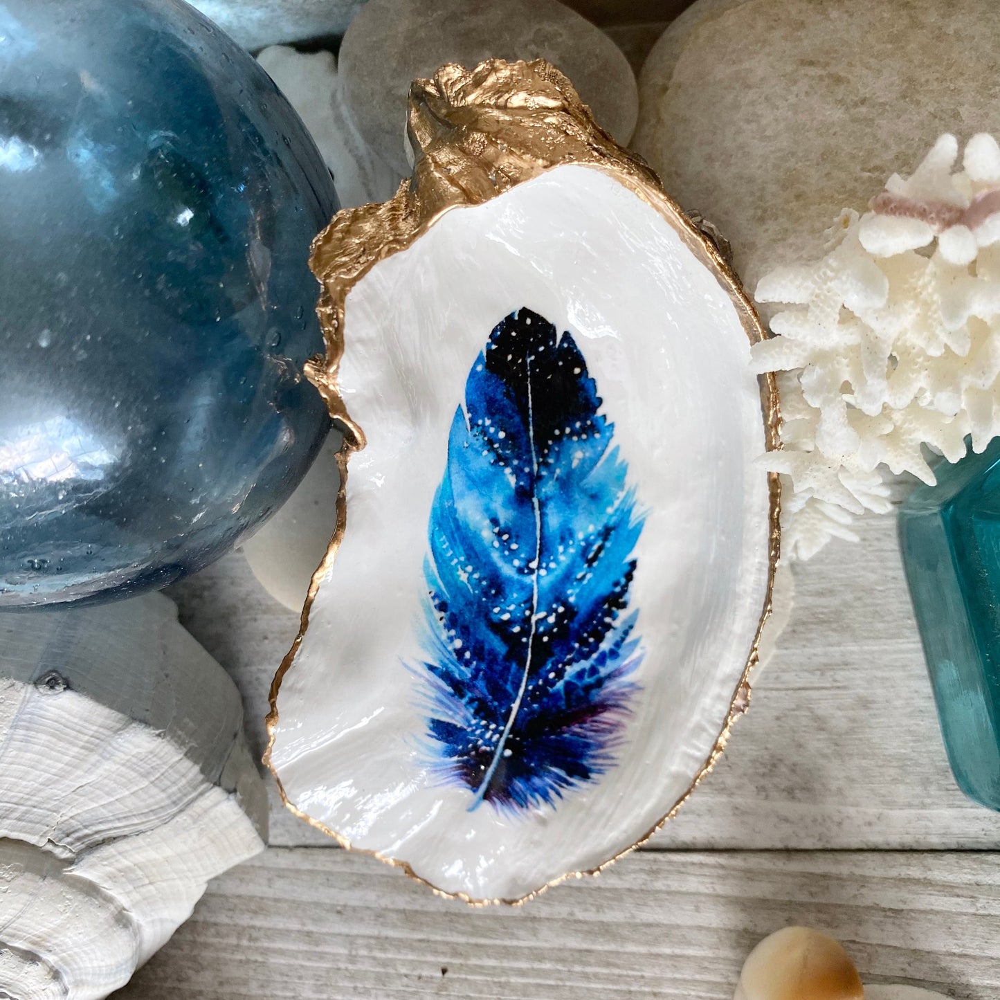 Decoupage Oyster Shell Jewelry Dish, Feather Design, Beach House Decor Accent