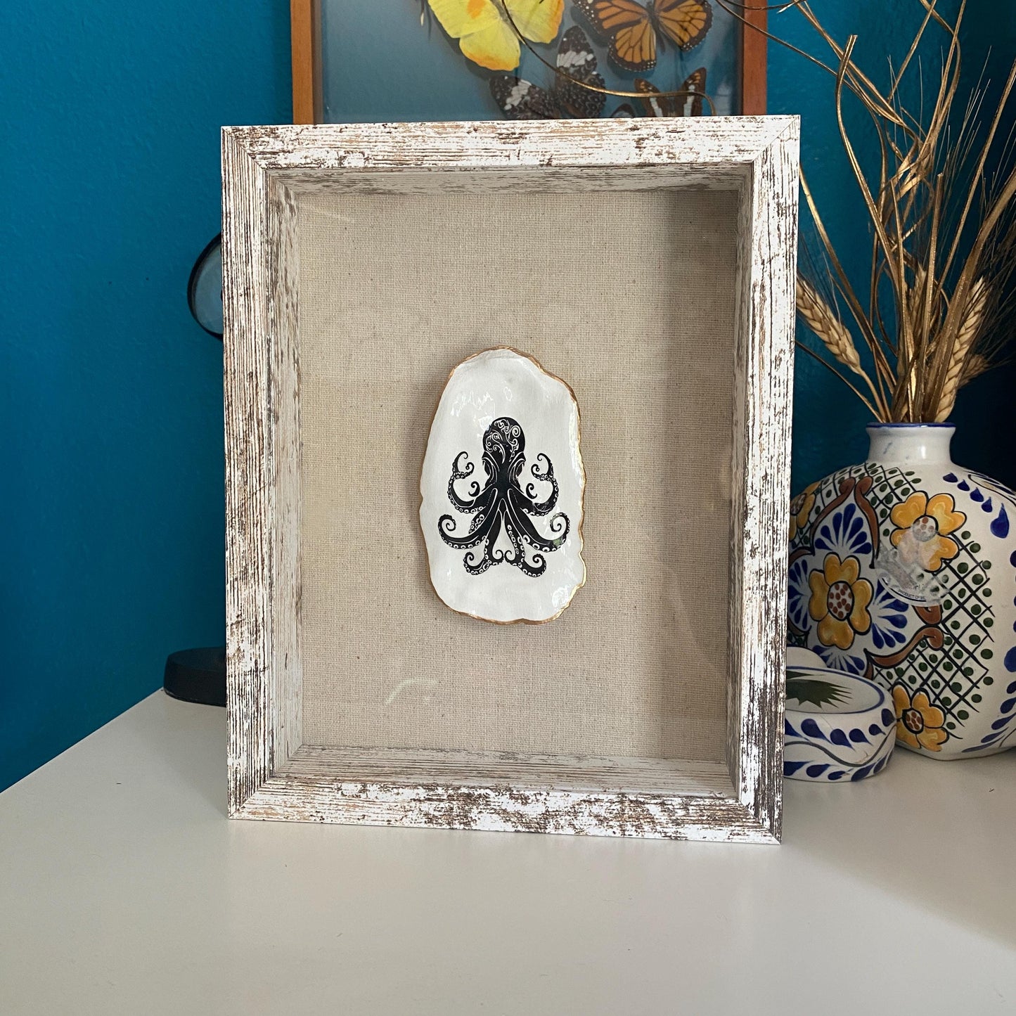 Decoupage Octopus Oyster Shell Shadow Box – Hand-Crafted Coastal Wall Hanging, Nautical Gift