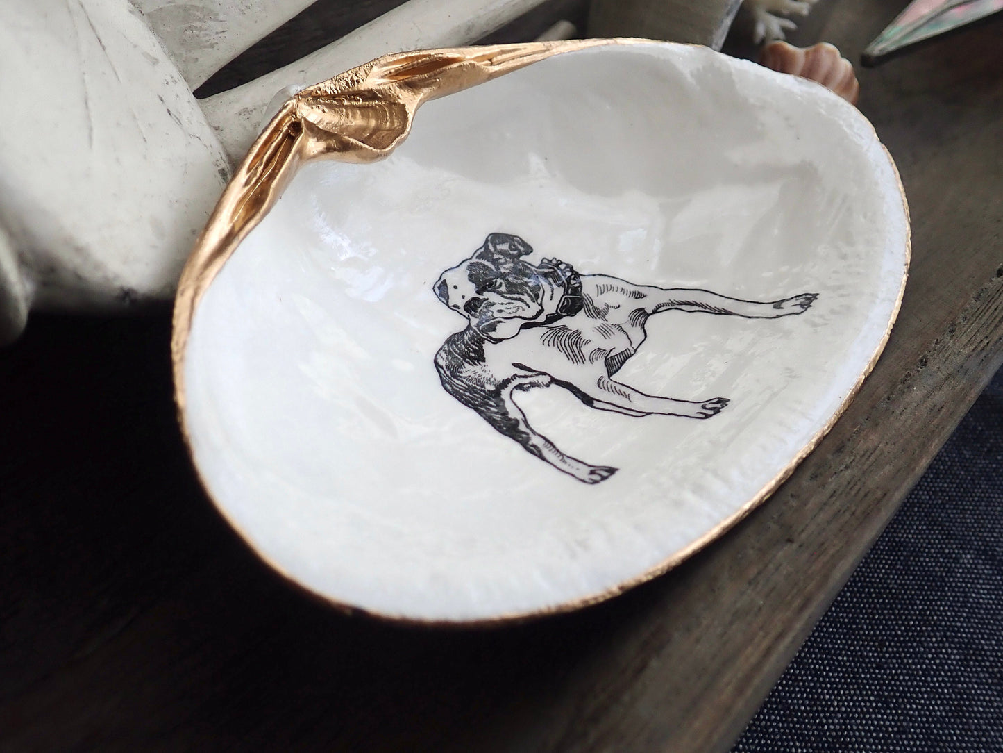 Dog Lover Gift – Decoupage Clam Shell Trinket Dish Vintage Bulldog Art